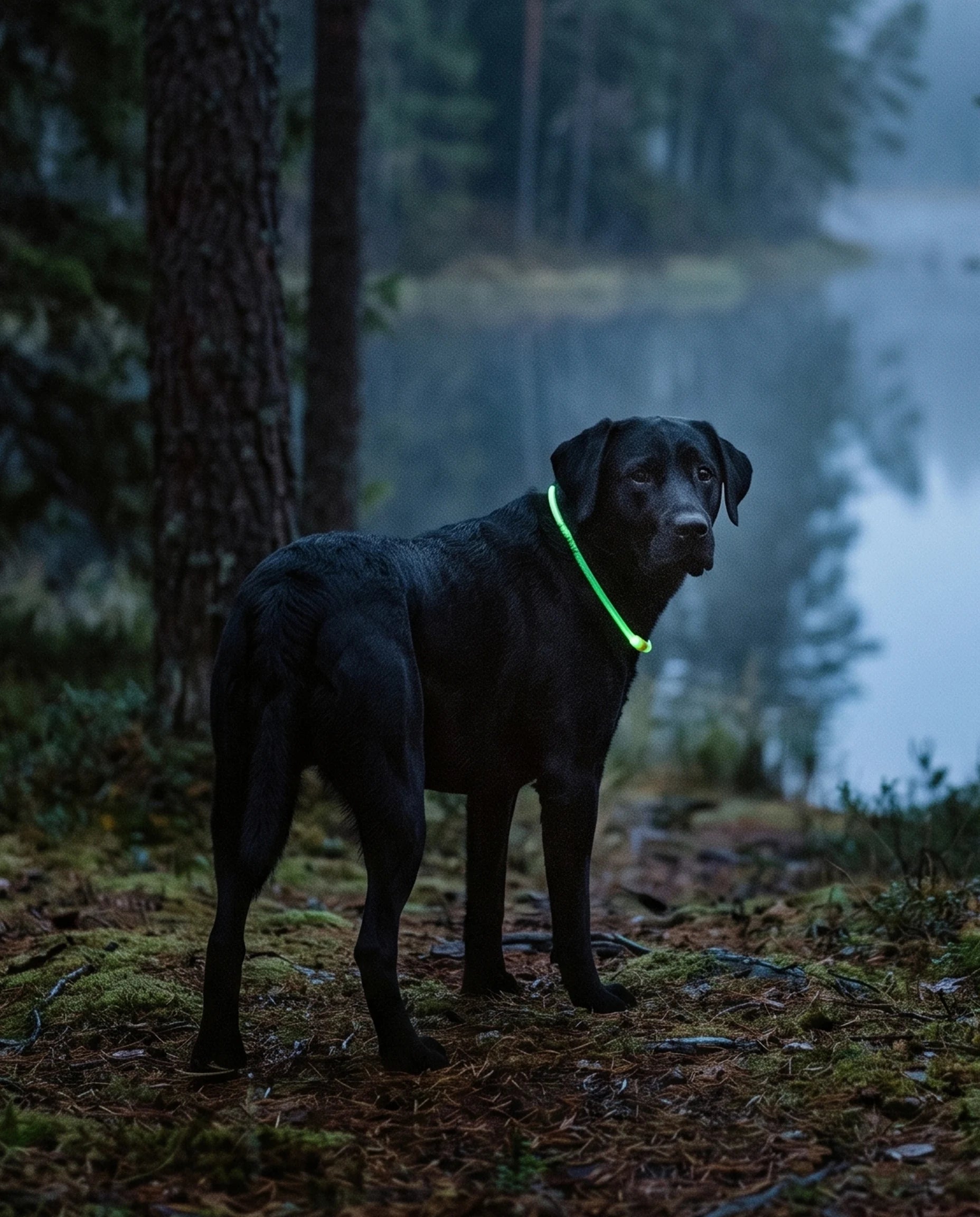 Hund med lysande grönt LED-halsband vid en dimmig skogssjö