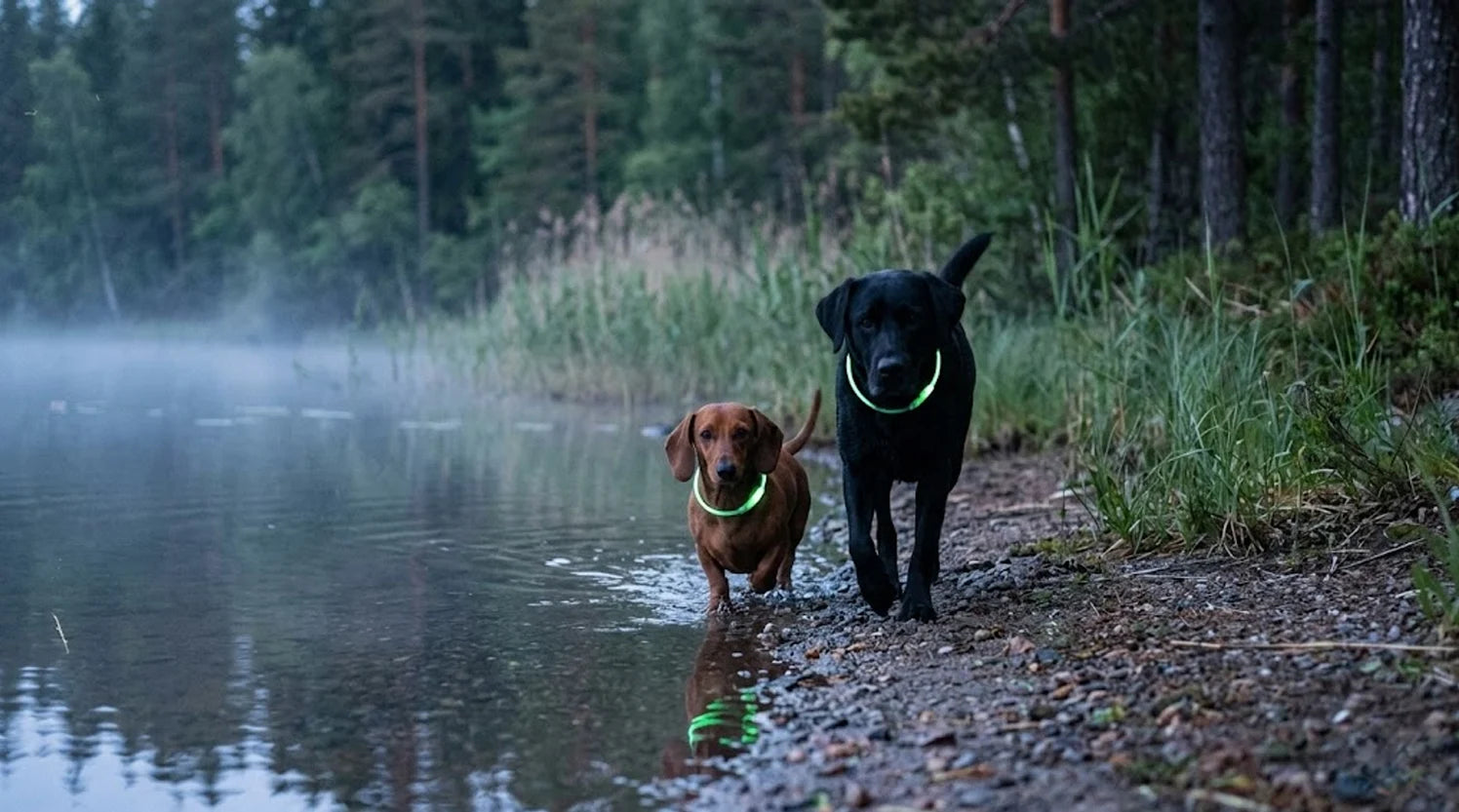 Hundar med lysande LED-halsband vid en dimmig sjö