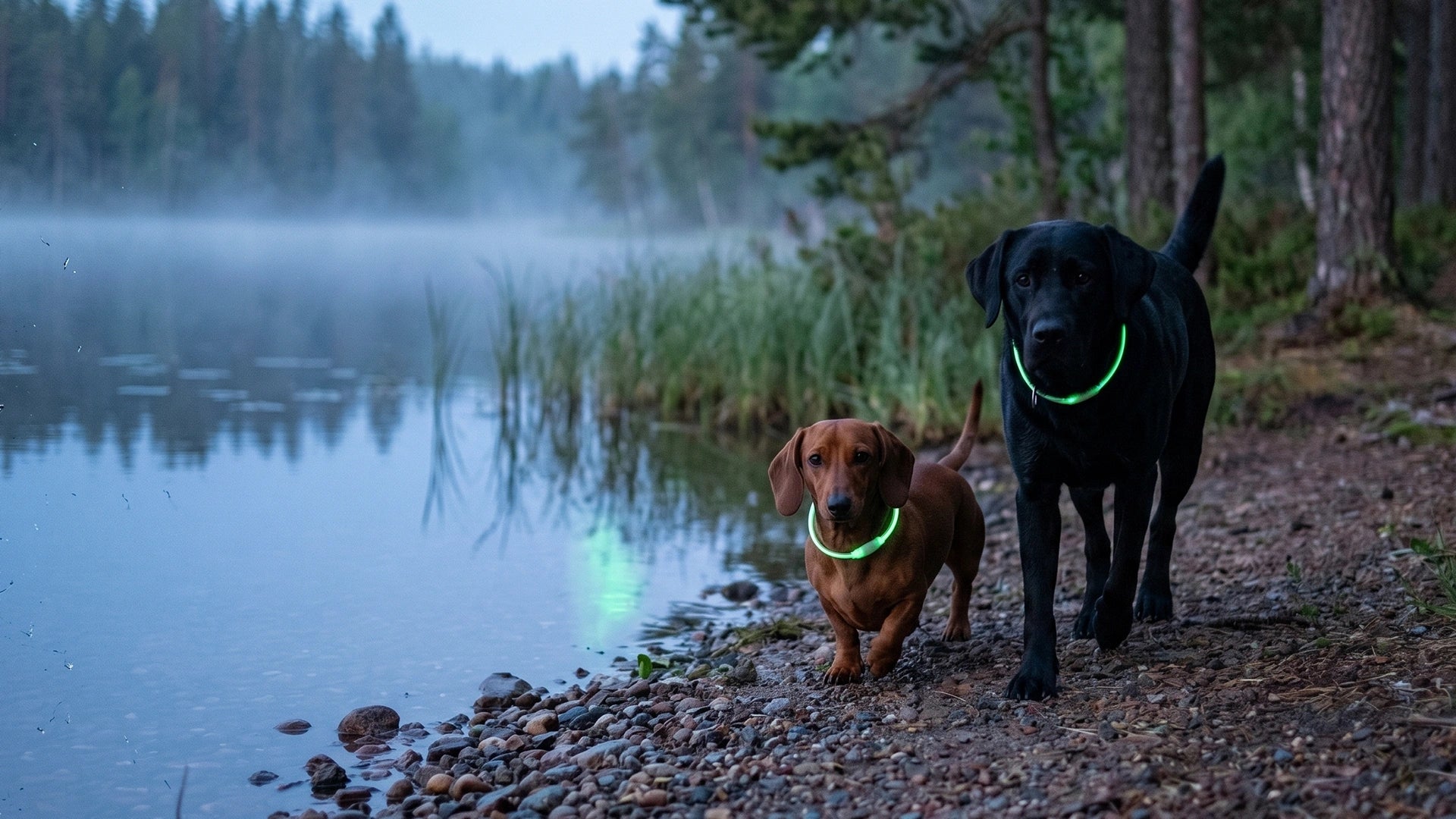 Hundar med lysande gröna LED-halsband vid en dimmig sjö