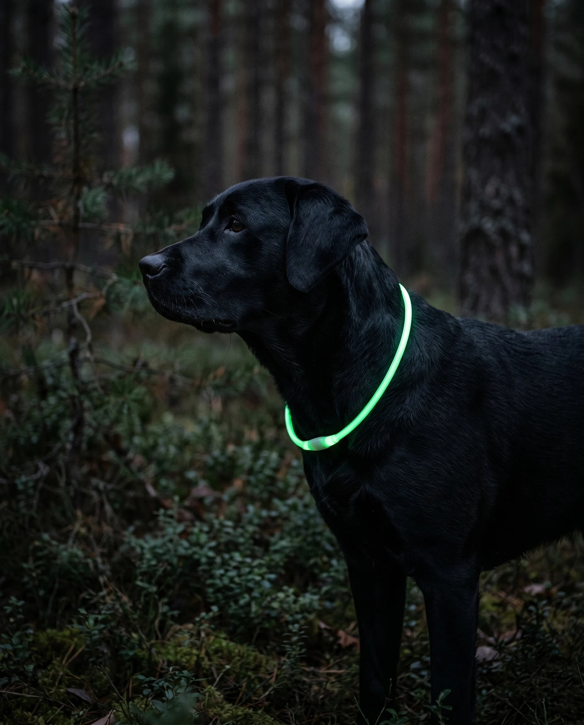 Hund med lysande grönt LED-halsband i en mörk skog
